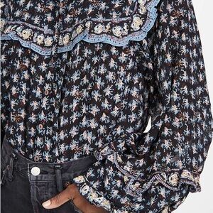 Free People Jenna Floral Patterned Black and Blue Women's Top Size Small